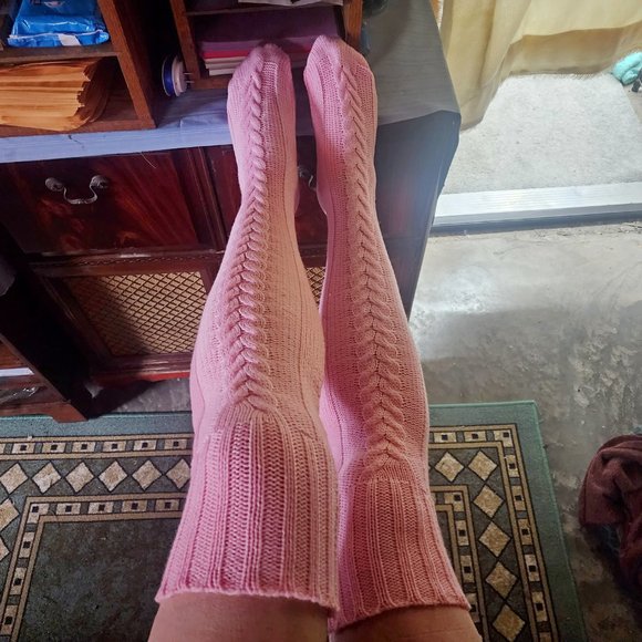 Cable Knit Thigh High Sweater Socks Pink Black Charcoal Gray Long Length NEW - Picture 6 of 7